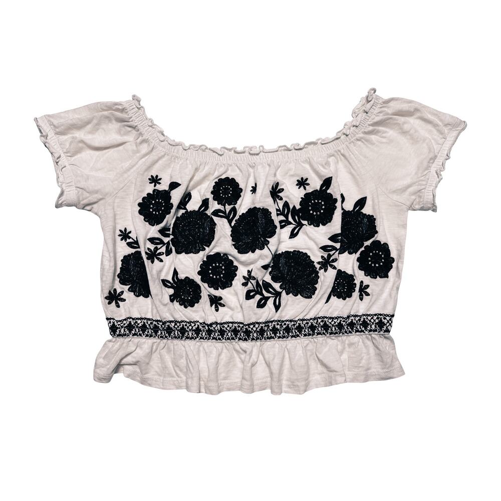 American Eagle White/Black Embroidered Off-Shoulder Peplum Top Size Medium